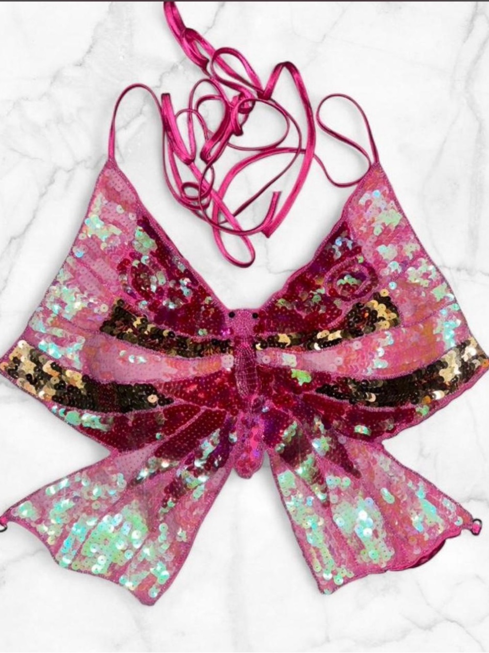 🦋 AKIRA- Pink/Gold Sequin Butterfly Halter Top 🦋